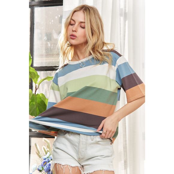 ADORA Multi Color Stripe Print Short Sleeves Round Neck Casual Top | Sage/Olive - Picture 5 of 6